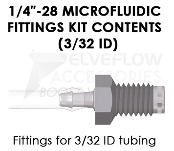 Schematic of the 1/4-28 black swivel connector with 3/32" barb connector