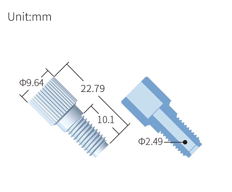 technical drawing of 1/4-28 flangeless nut PTFE NU-002