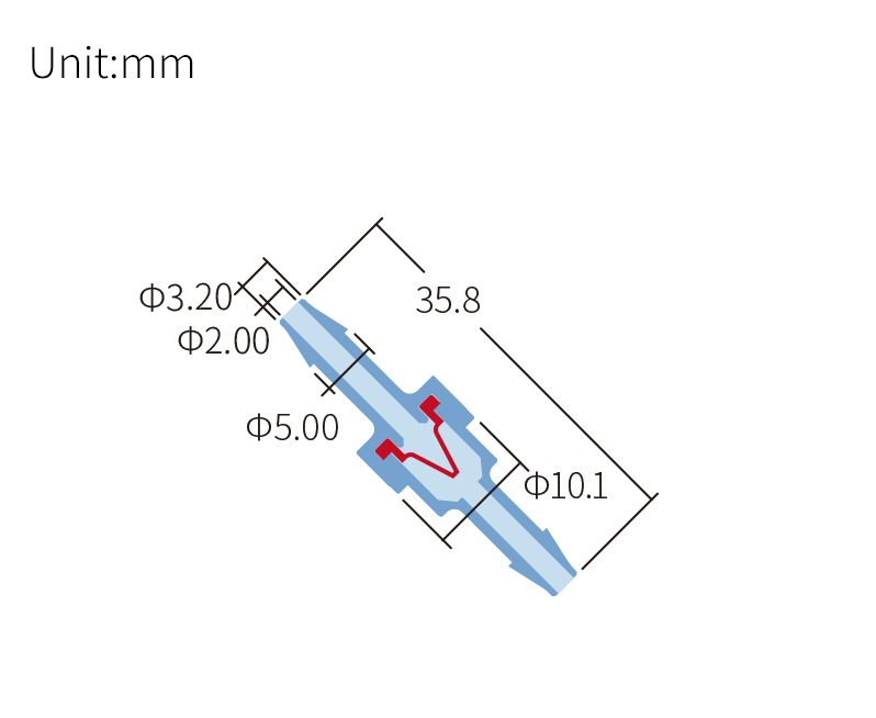 Technical drawing of check valve, barbed end 1/8 inch, compatible tubing ID 2.5&ndash;4.0 mm, SKU DM-VA-002