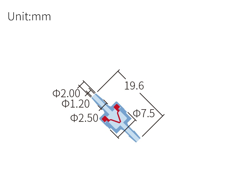 Technical drawing of check valve, barbed end 1/16 inch, compatible tubing ID 1.0&ndash;1.6 mm, SKU DM-VA-003